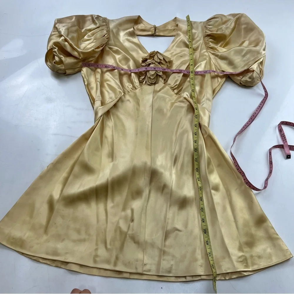 Vintage 90s 80s women’s yellow rose puff sleeve  mini dress M L76-27 - Picture 4 of 10